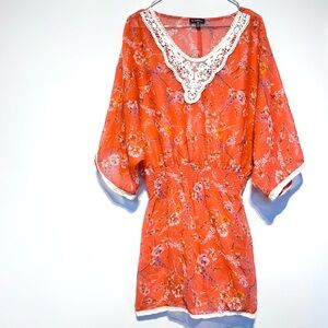 🛍️4 for 20$ / Le Chateau Sheer Dolman Floral Orange Dress with Lace Trim / XXS